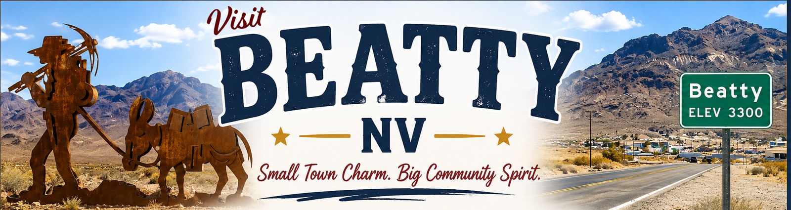 Visit Beatty, Nevada — Small Town Charm, Big Community Spirit. A metal miner-and-burro sculpture beside Highway 95 with the Beatty elevation 3300 sign and desert mountains.
